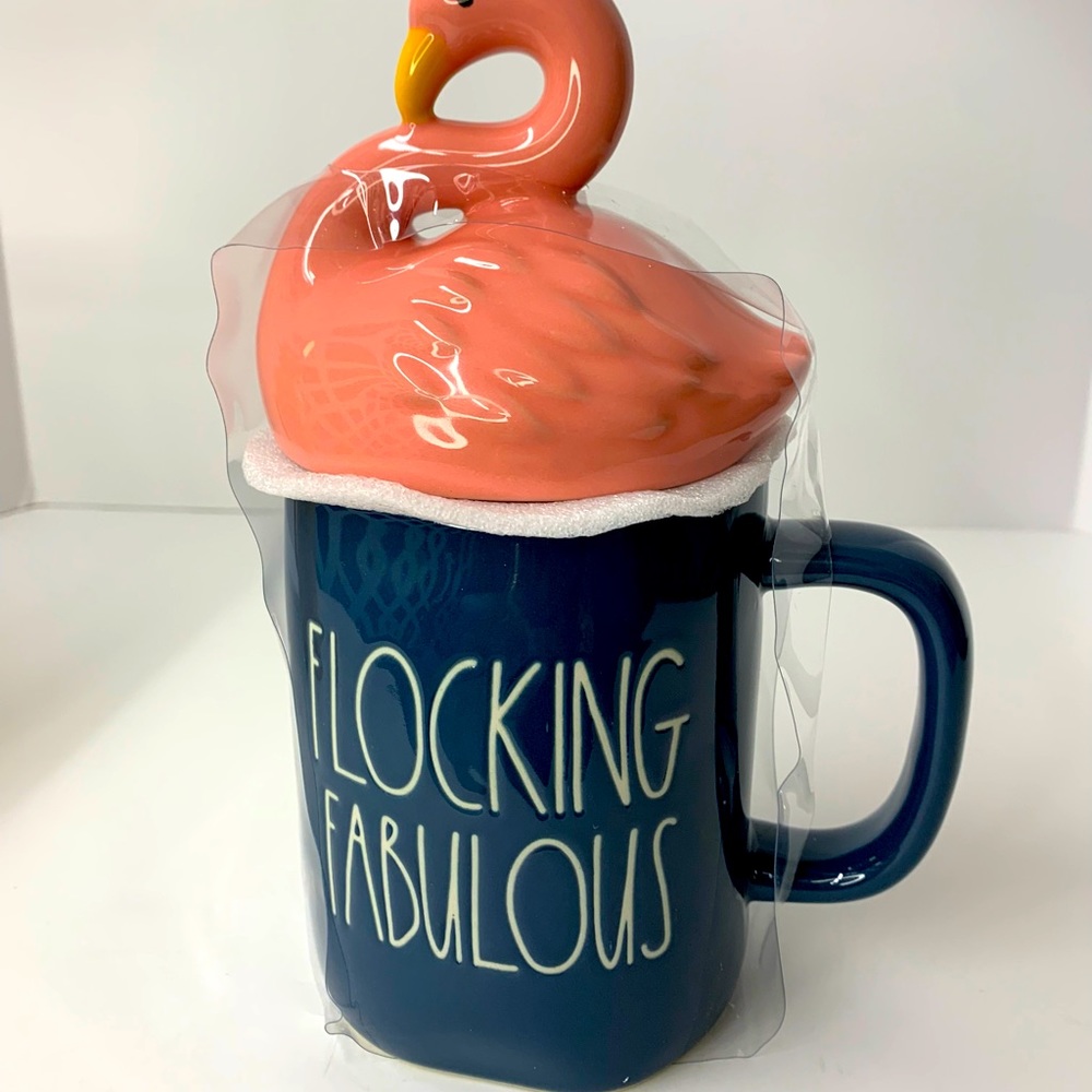 NWT NIB RARE Rae Dunn Flocking Fabulous Coffee Mug with Flamingo Topper Ceramic